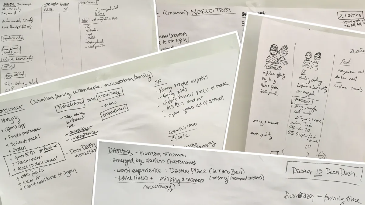 Handwritten DoorDash story notes spread across a table