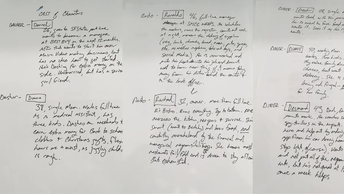 Close-up of handwritten DoorDash story notes