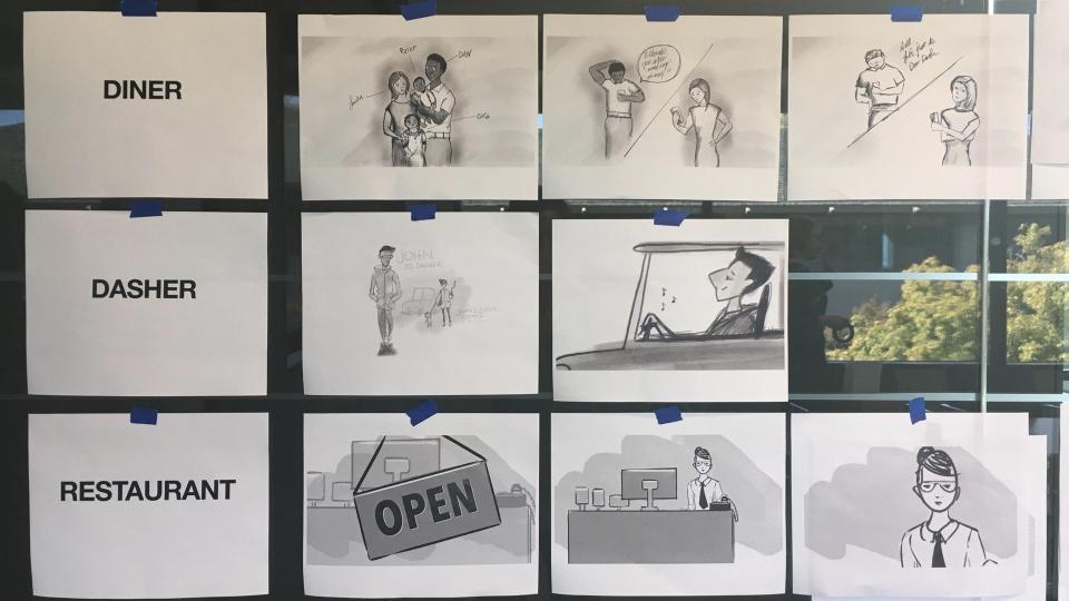 DoorDash diner, dasher, and restaurant character cards on a wall