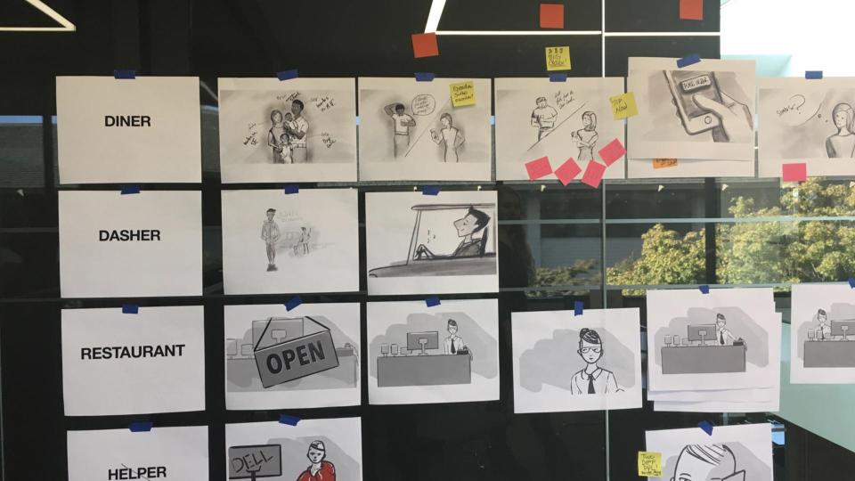 DoorDash experience matrix covered with notes on a black wall