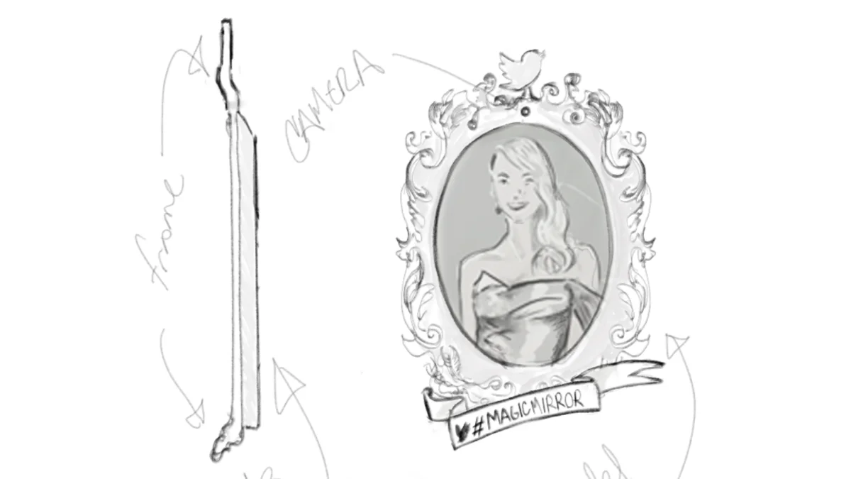 Pencil sketch of the Twitter Mirror concept, showing a side view of the plexiglass frame and an ornate mirror topped with the Twitter bird and a #MAGICMIRROR banner.