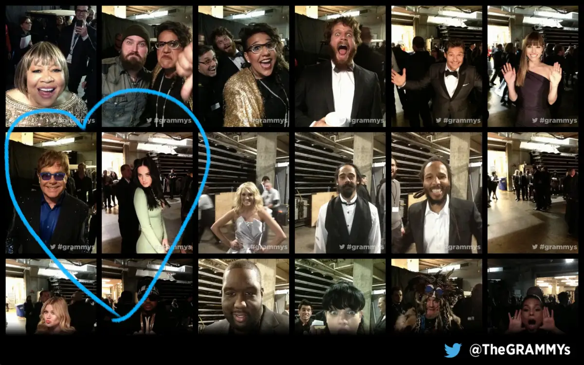Grid of Twitter Mirror portraits taken backstage at the Grammys, with a hand-drawn circle around the photos of Elton John and Katy Perry.