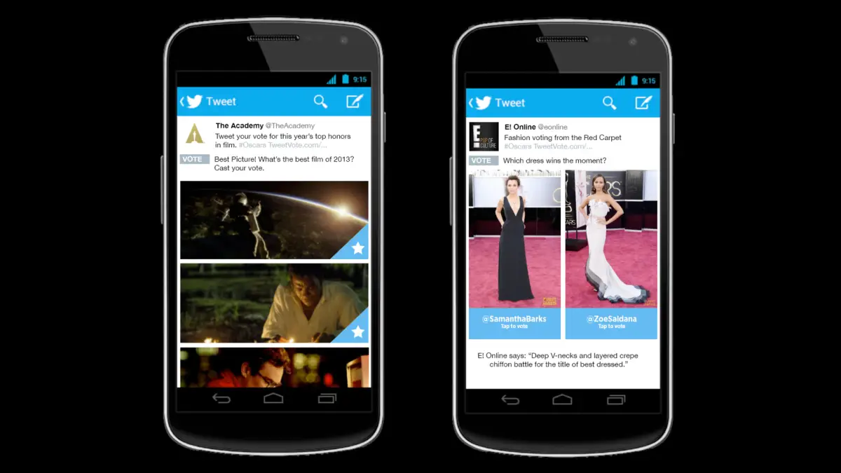 Two smartphone screens showing Twitter voting experiences for the Oscars and red-carpet fashion.