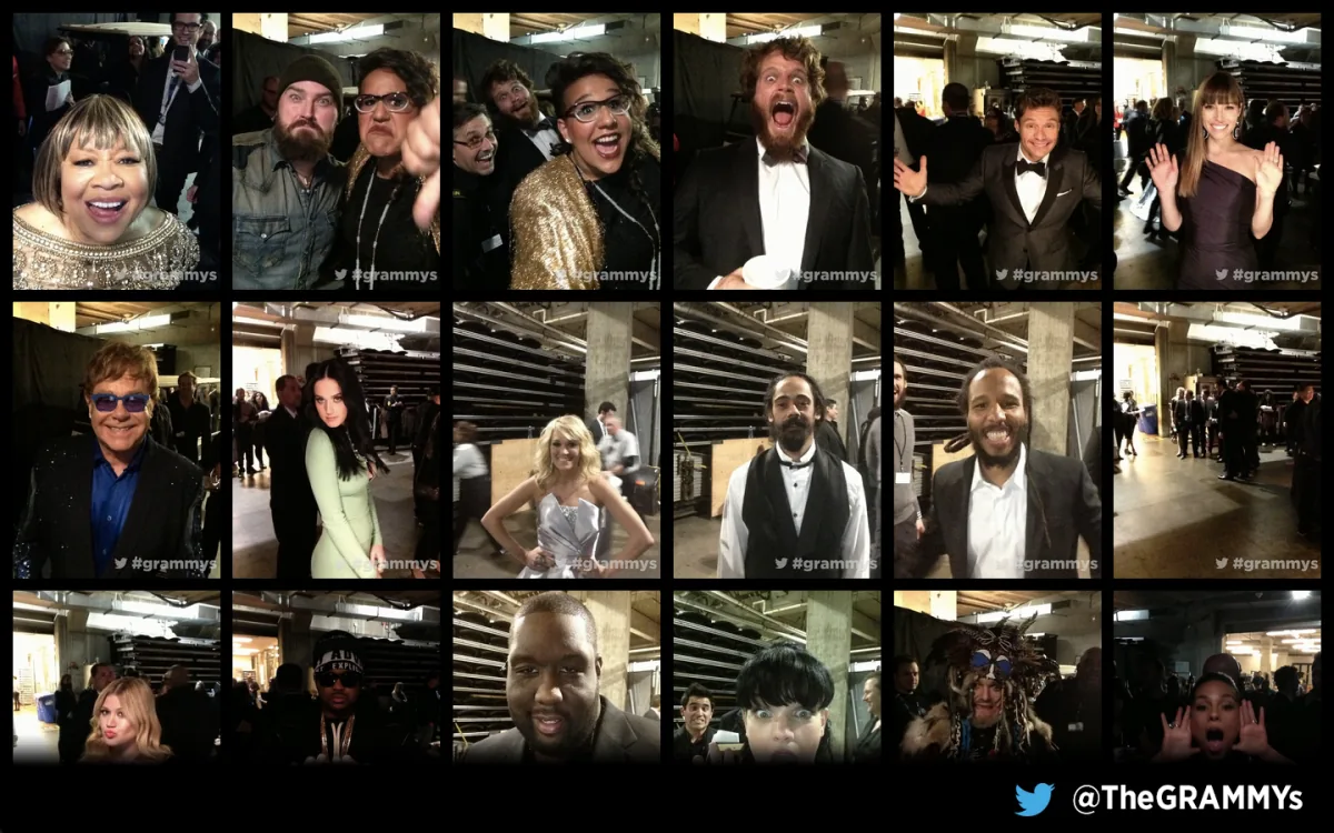 Grid of celebrity Twitter Mirror portraits from backstage at the Grammys.