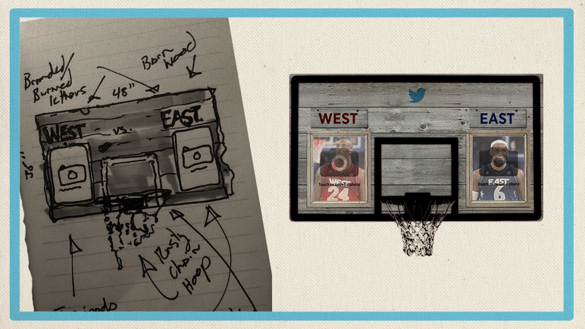 Side-by-side hand sketch and product mockup for an NBA Twitter voting experience.