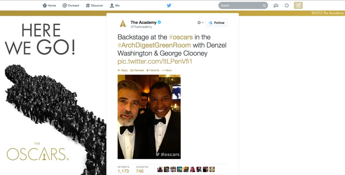 Twitter Mirror promotional web page with a Here We Go headline and an Oscars backstage post.