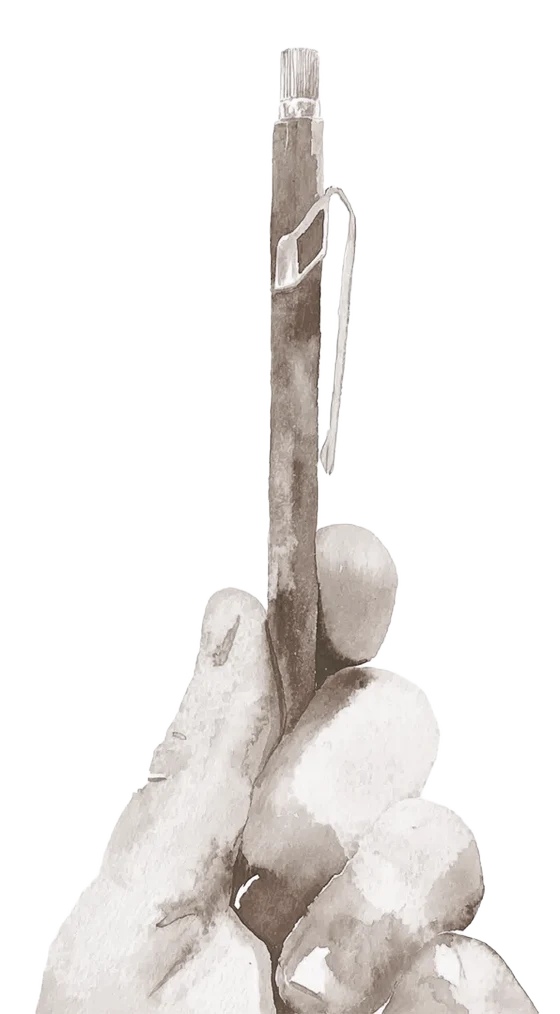 Watercolor illustration of a pencil held in a hand
